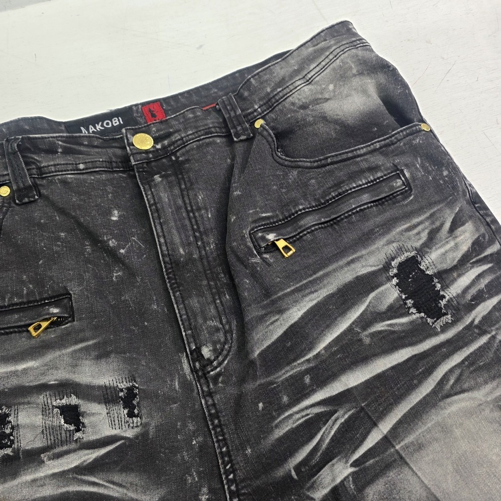 Makobi Biker Shorts Men's Size 44 Black Acid Wash Distressed Moto Streetwear Y2K - Picture 3 of 9